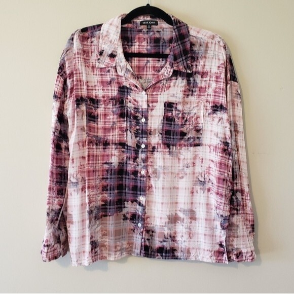 Dear John Arianna Plaid Tie Dye Button Down Roll Tab Sleeves Lightweight Blouse - Picture 4 of 13